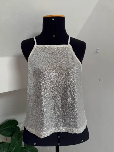 Cropped halterneck de paetê bege(NOVO) 