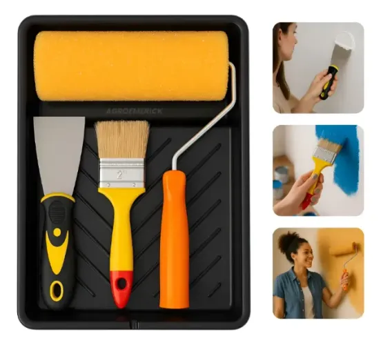 Kit Pintura Casa Parede Pratico 4 Peças Pincel + Rolo + Bandeja + Espatula