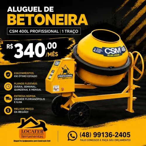 Aluguel Betoneira CSM 400L Profissional (R$ 340,00/Mensal)