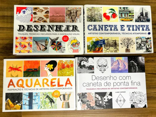 4 Livros: Desenhar, Aquarela, Caneta e Tinta, Desenho com caneta de ponta fina