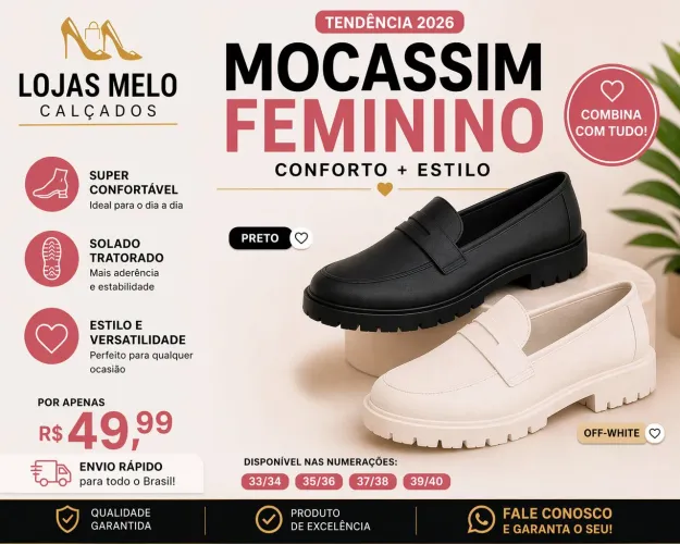 Mocassim Feminino Tratorado Confortável Preto e Off White
