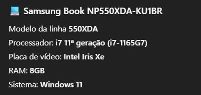 Notebook Samsung book i7 11 geração 8gb ram SSD 256gb