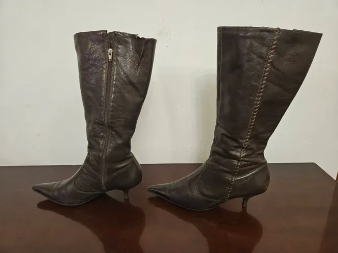 Bota Feminina Couro Legítimo Cano Alto Salto Fino 38