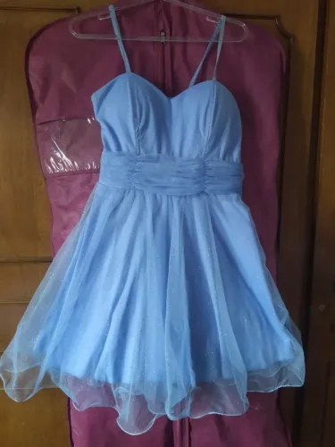 Vestido Festa Azul Claro Curto com Glitter Tam 12 anos - Seminovo