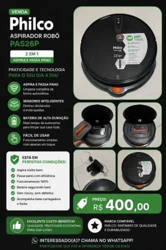 VENDO ASPIRADOR ROBÔ PHILCO PAS26P COM MOP - R$ 400,00