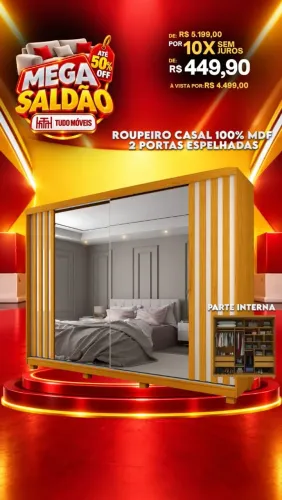 Roupeiro Casal 100% MDF 2 Portas Espelhadas