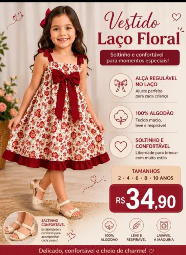 Vestido infantil floral com laço e babado.