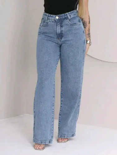 Calça Jeans Wide Leg Marmorizada Azul
