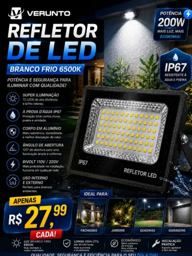 Refletor de LED 200w Verunto Branco Frio IP67 Alumínio
