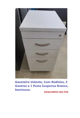 Gaveteiro Volante, Com/Sem Rodizios, 2 Gavetas e 1 Pasta Suspensa Branco, Seminovo.