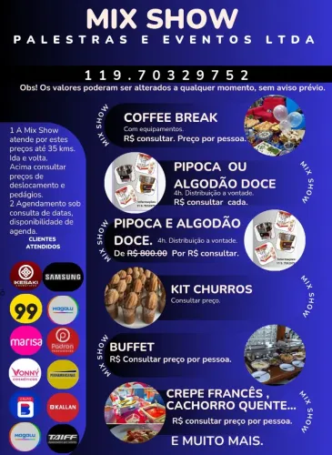 Locação de kit pipoca e algodão doce, locutores, carro de som e muito mais.