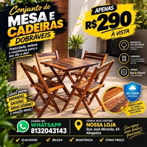 Mesa e cadeiras dobráveis de madeira de lei