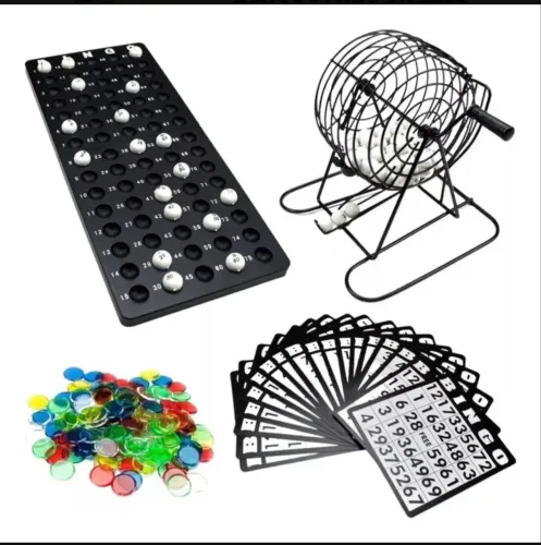Jogo de Bingo com 75 Bolas, Cartelas e Globo Giratório de Ferro