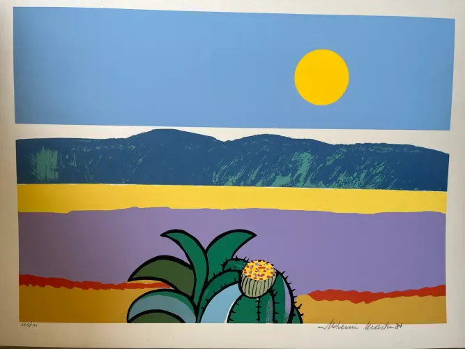 ALDEMIR MARTINS (1922 - 2006). "Paisagem com sol e cacto", serigrafia a cores (1987).