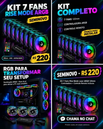 Kit 7 Fans Rise Mode Laser ARGB 120mm + Controladora + Controle Remoto