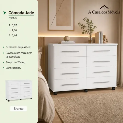 Cômoda Jade 8 gavetas Branca