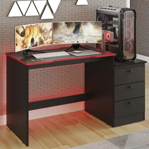 Mesa Gamer Tuboarte em MDF com 3 Gavetas Design Moderno Preto com Vermelho
