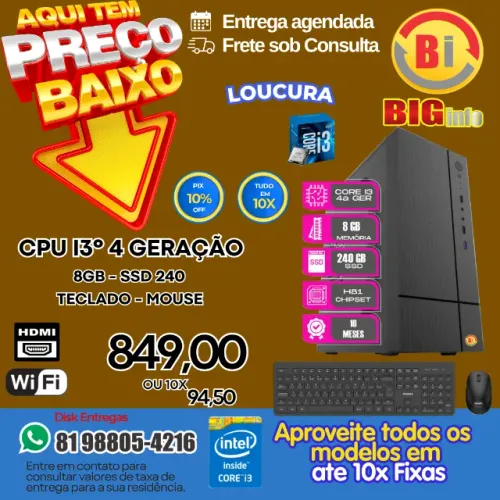 Computador Intel I3 4ª Geração 8gb Memória Ssd 240gb Teclado Mouse Wifi - Em ate 10x Fixas