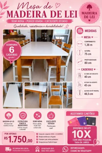 Vender rapido preciso de espaço! Mesa deantar Madeira Maciça + 5 Cadeiras ? R$ 1.750,00