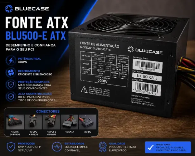 Fonte ATX Bluecase BLU500-E 500W para PC Desktop - Funcionando