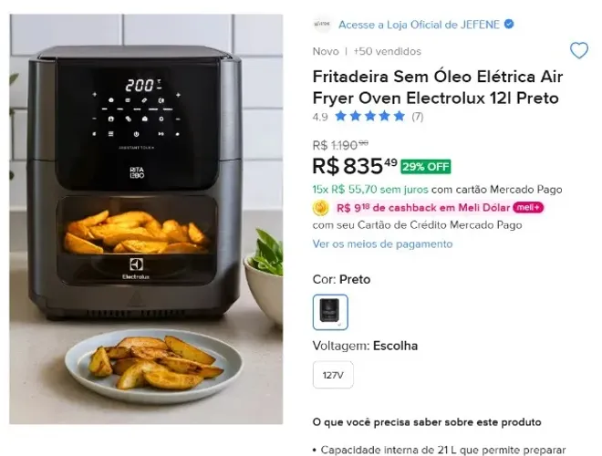 Fritadeira Sem Óleo Elétrica Air Fryer Oven Electrolux 12l Preto
