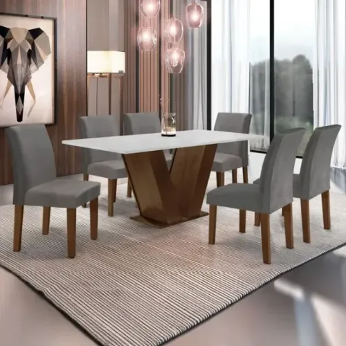Mesa de Jantar 6 Cadeiras Com Tampo Laqueado 1,70m Cinza Suede