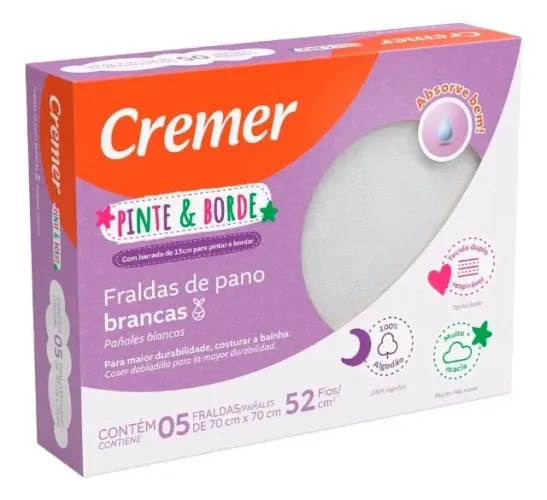 Caixa com 05 fraldas Pinte e Borde Cremer Brancas