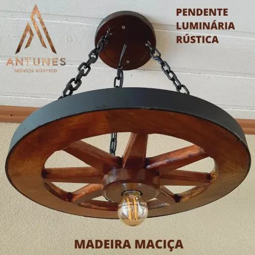 Kit 4 Luminárias Pendente Rústico de Madeira Maciça Estilo Roda de Carroça 
