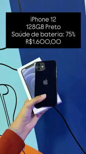 iPhone 12 / 128GB / Preto / Saúde de bateria 75% / R$ 1.600,00