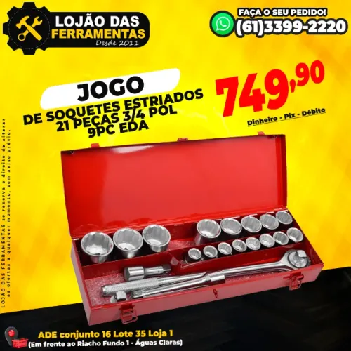 Jogo de Soquetes Estriados 21 Peças 3/4 Pol 9pc Eda