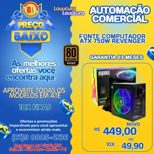 Fonte 750W Reais 80 Plus Bronze Revenger Preto Pfc Ativo