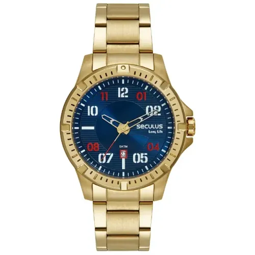 Relógio Masculino Seculus Dourado Azul Moderno Original Aço PROMOÇÃO