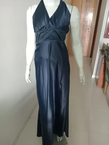 Vestido longo azul petróleo com fenda lateral