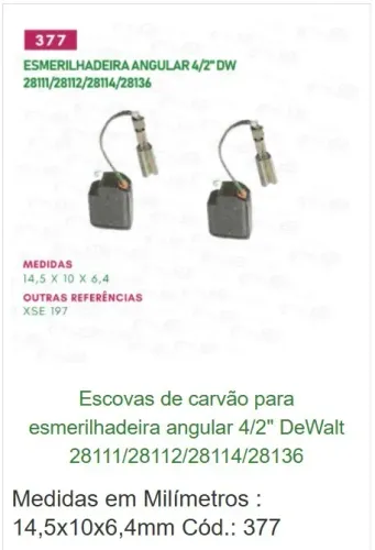 escovas de carvão esmerilhadeira angular 4/2" dewalt tam 14,5x10x6,4mm cód 377