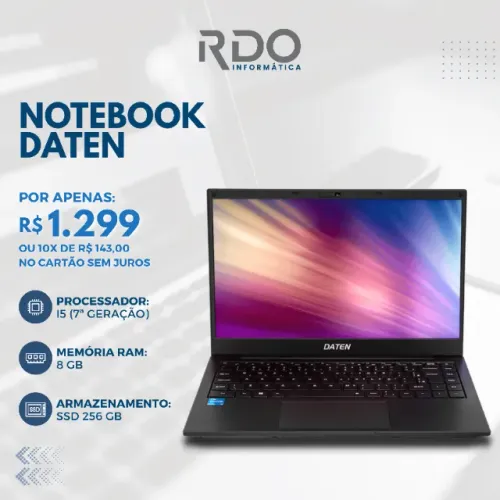 Notebook Daten i5 (7ª Geração), 8GB RAM, SSD 256GB - Notebook barato