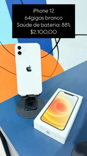 iPhone 12 / 64GB / Branco / Saúde de bateria 88% / R$ 2.100,00