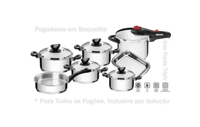  Conjunto Panelas Fundo Triplo Inox Tramontina Solar, Com Alças e Pegadores em Baquelite -