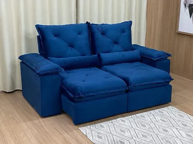 Sofá Retrátil 2 Lugares 180cm Veludo Azul