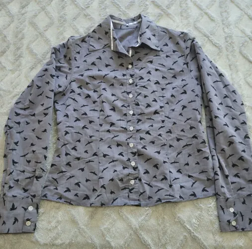 Camisa Social Manga Longa Cinza Estampa Passarinhos Tam M (Usada 1x)