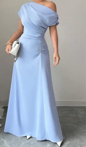 Vestido azul elegante, cintura franzida!
