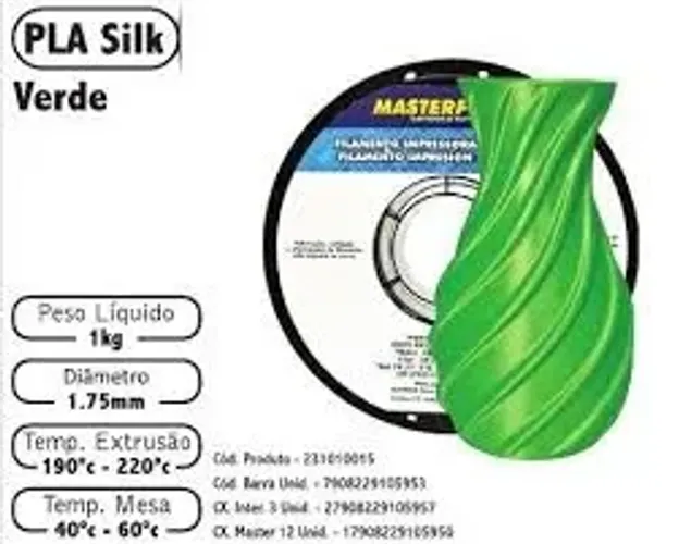 Filamento 3D PLA Silk Verde 1kg MasterPrint 1,75mm Impressora 3D Brilhante bambu lab