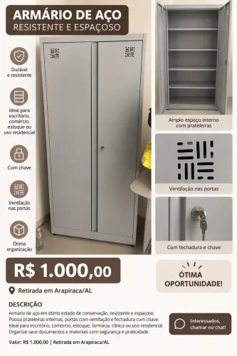 Armário de Aço 2 Portas com Chave e Prateleiras