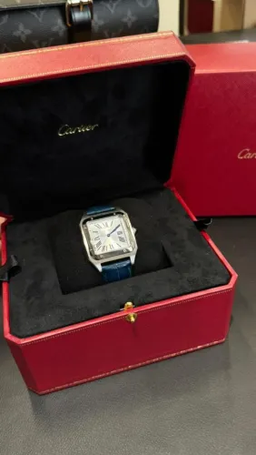 Relógio Cartier Santos Dumont Prata com Pulseira Azul