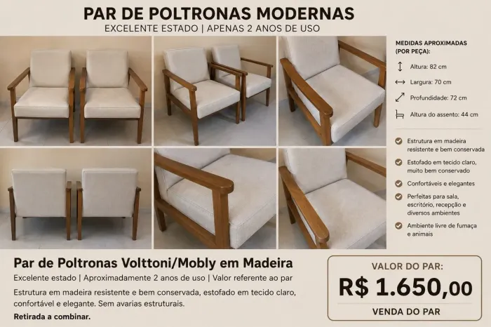 Par de Poltronas Volttoni/Mobly em Madeira - Excelente Estado