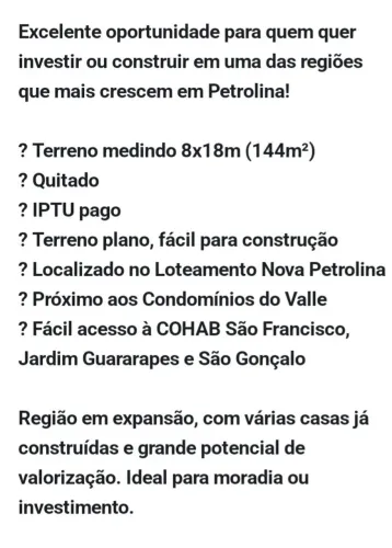 Vende-se Terreno Nova Petrolina 