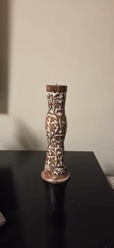 Castiçal Porta-Velas em Madeira Entalhada - Estilo Indiano / Boho (Whitewash)