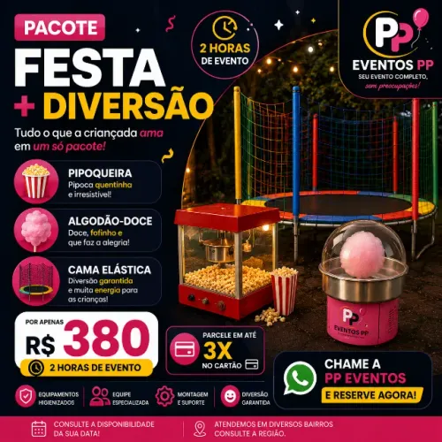 Pacote Festa Infantil | Cama Elástica + Pipoqueira + Algodão-doce