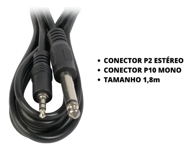 Cabo Áudio Auxiliar P2 Estereo X P10 Mono 1,8m Mesa Som