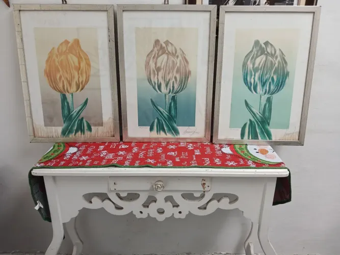Lote com 3 quadros antigos decorativos Tulipas 80x40 com marcas do tempo