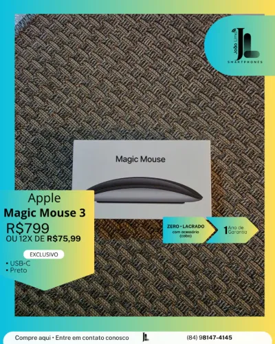 APPLE MAGIC MOUSE 3, USBC-C, PRETO, LACRADO, EXCLUSIVO!